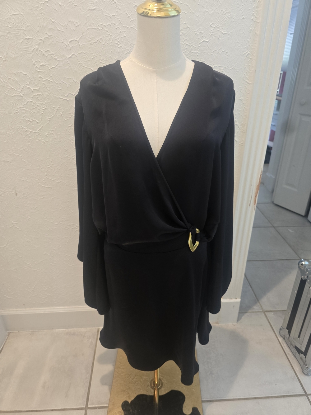Ramy Brook Black Silky Wrap Mini Dress XL NWT Gold Hardware